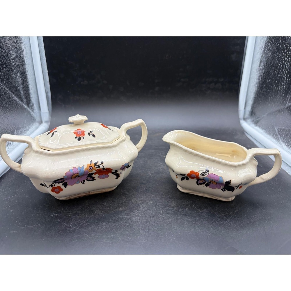 Vintage Steubenville Ivory Floral Sugar Bowl and Creamer Set Multi Color Flower